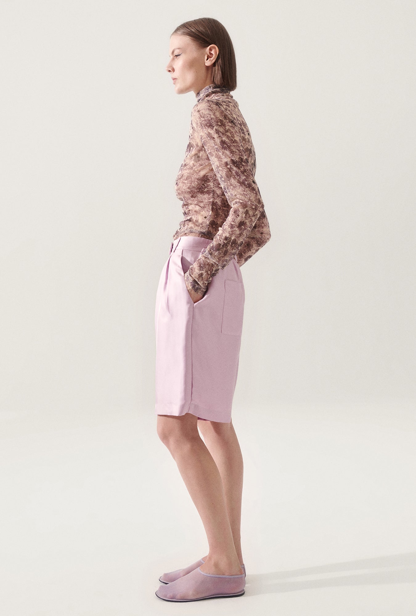 Twill Double Pleated Shorts Lilac