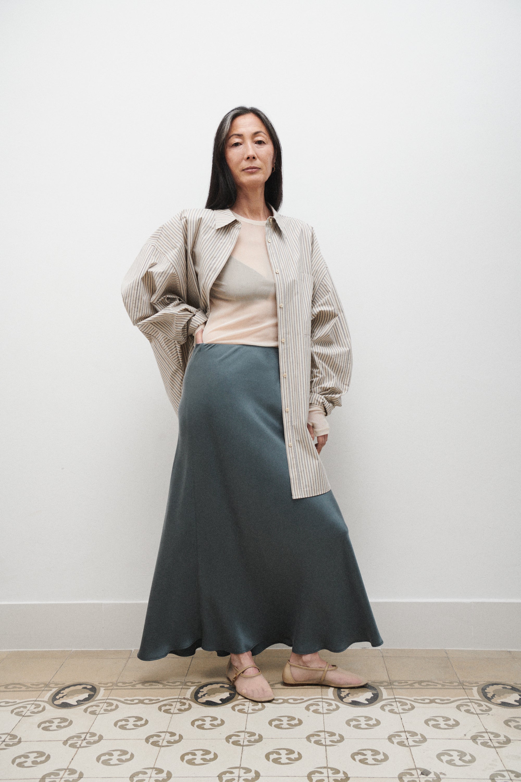 Long Bias Cut Skirt Slate