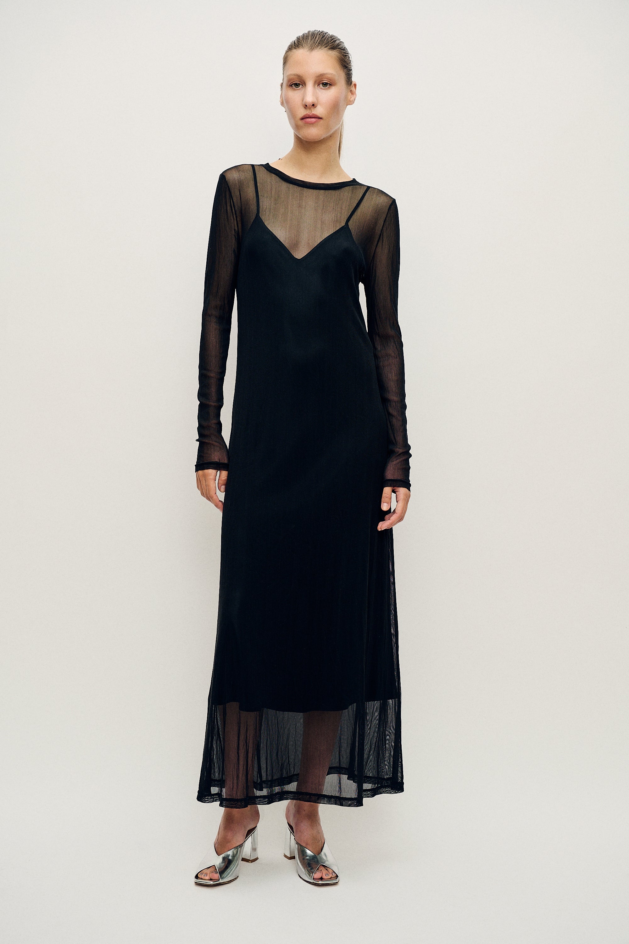 MESH LONG SLEEVE DRESS BLACK