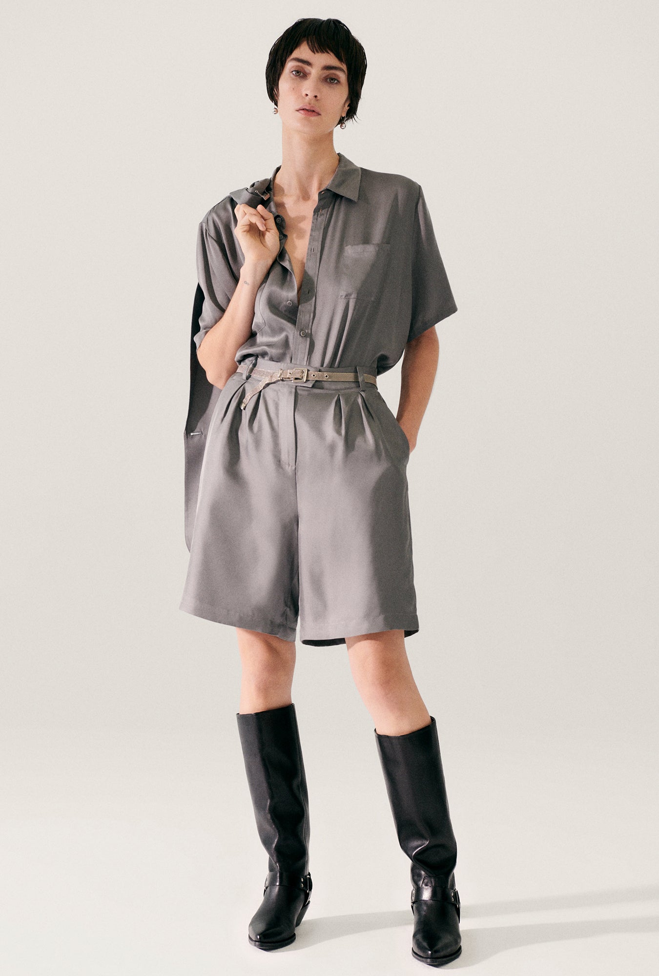 Short Sleeve Boyfriend Shirt Grey Pearl