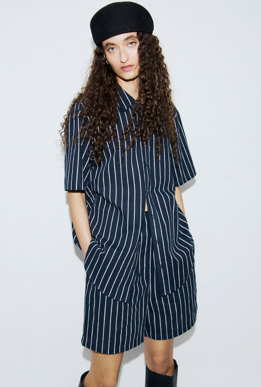 Cotton Short Sleeve Boyfriend Shirt Egret Stripe