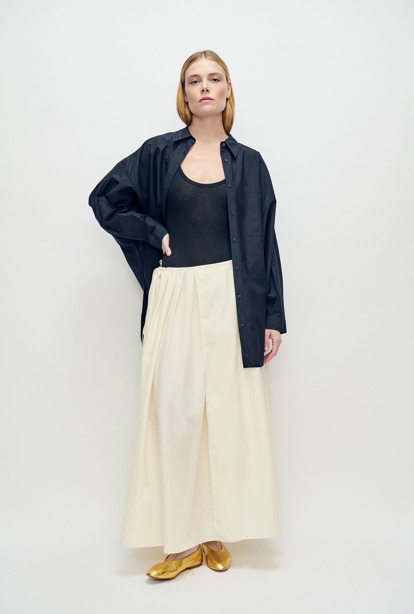 Cotton Silk Round Shirt Black